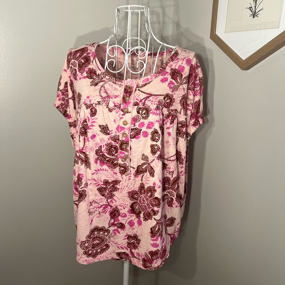 Anthropologie Pilcro Ruched Henley Tee S Pink Floral Print 100% Cotton Boho Top - Picture 3 of 6